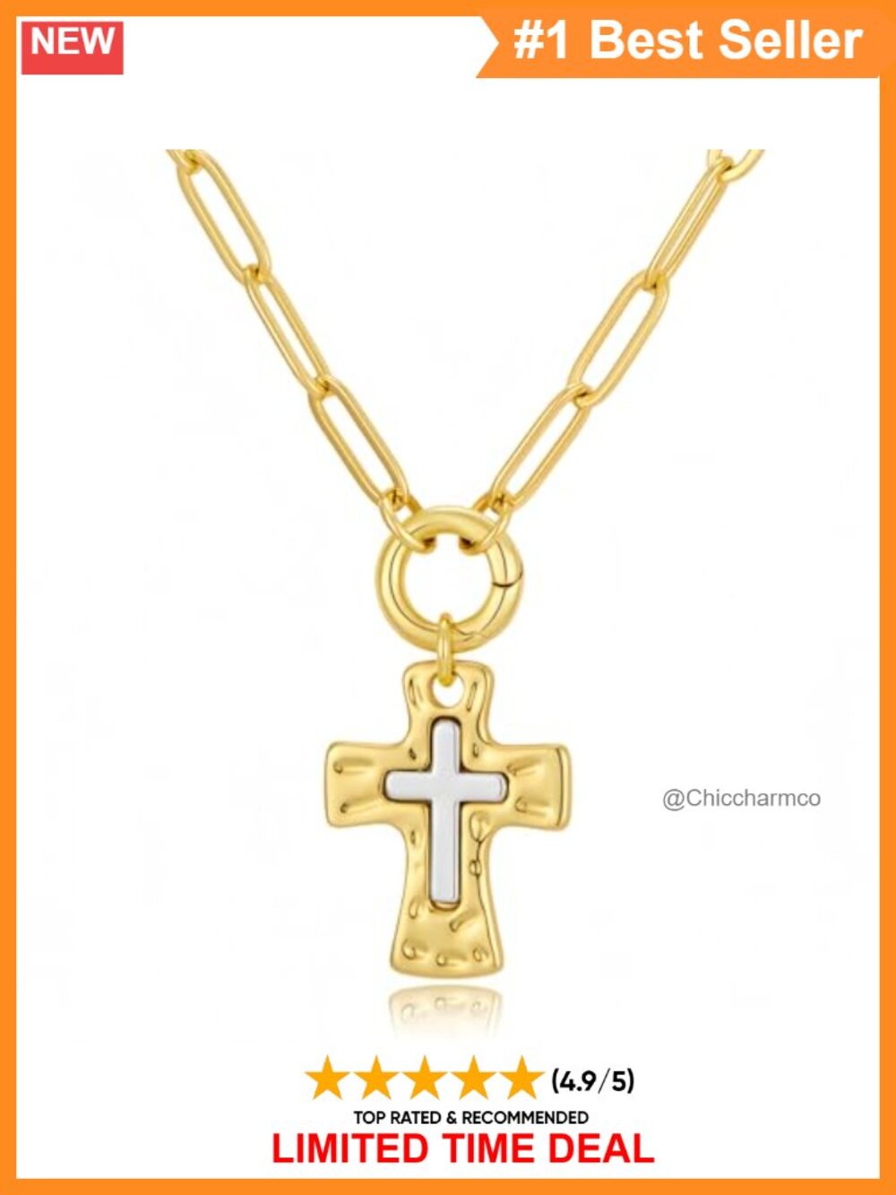 Paperclip Chain Cross Pendant Necklace 14K Gold Filled Sterling Silver